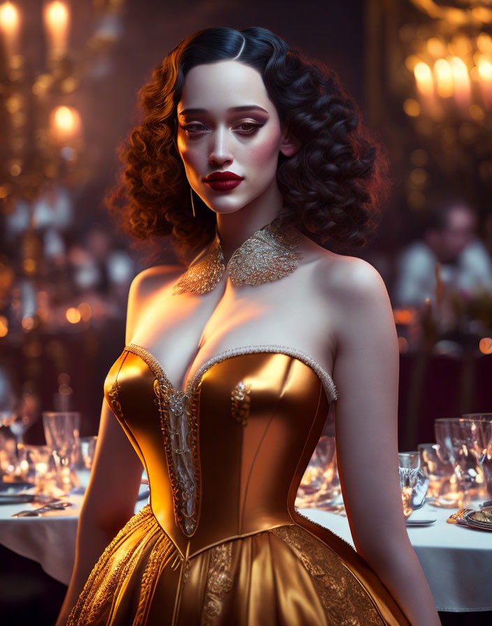 Dark-haired woman in gold gown at glamorous event with ambient lighting