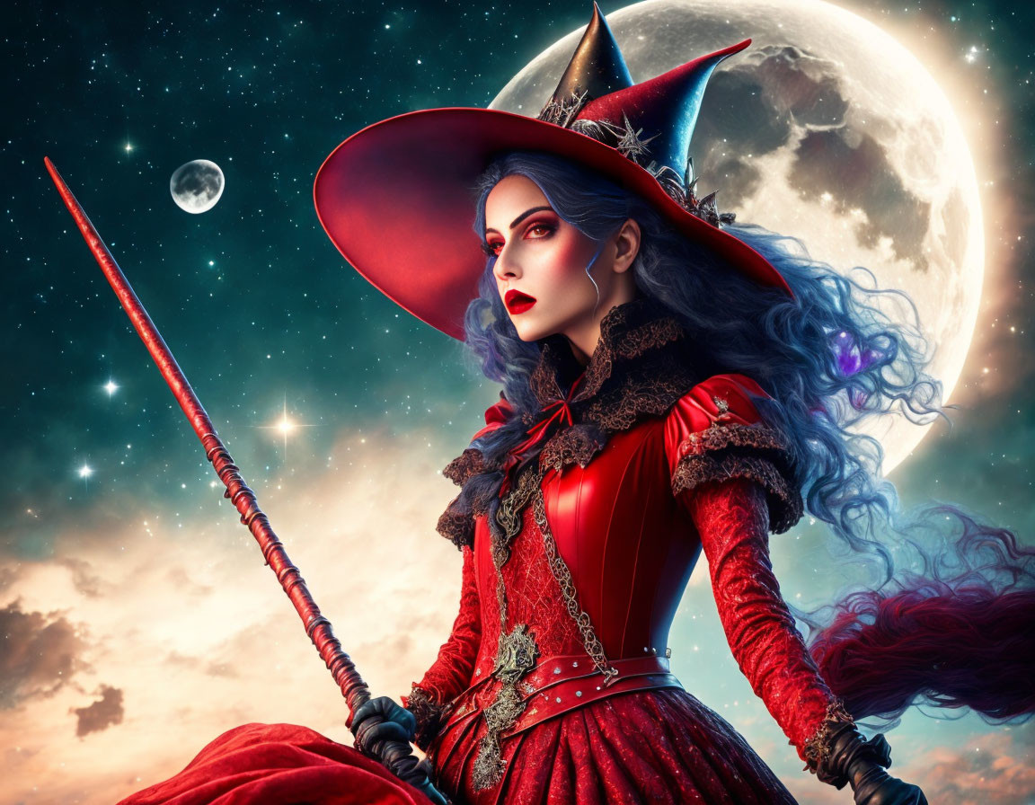 Stylized witch woman in red and black costume under moonlit sky