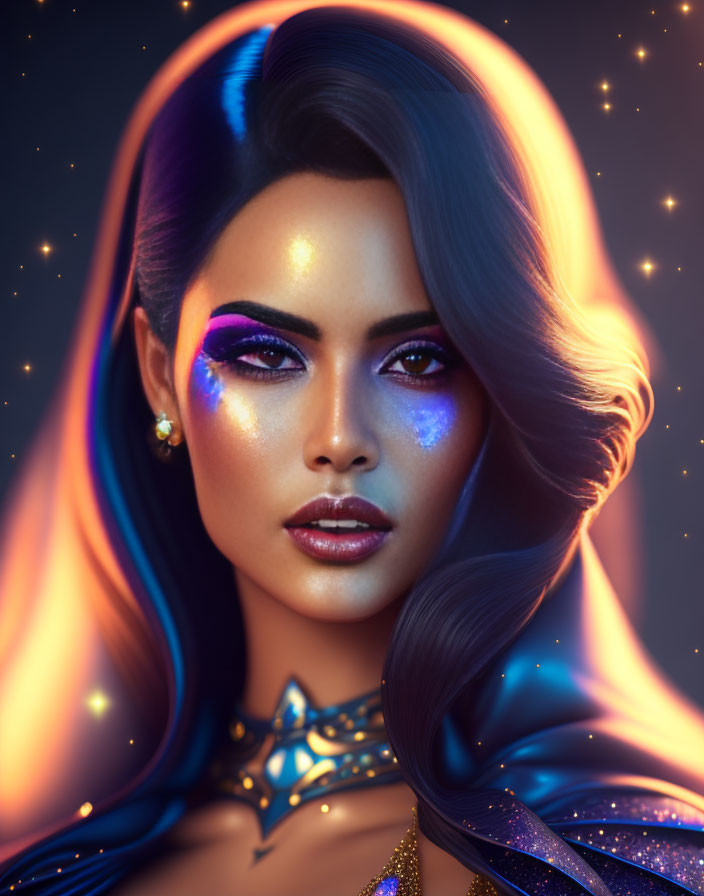 Vibrant blue and purple makeup on woman in digital portrait