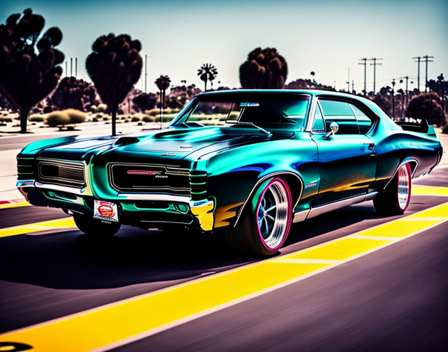 Classic turquoise muscle car cruising on road with palm trees in background