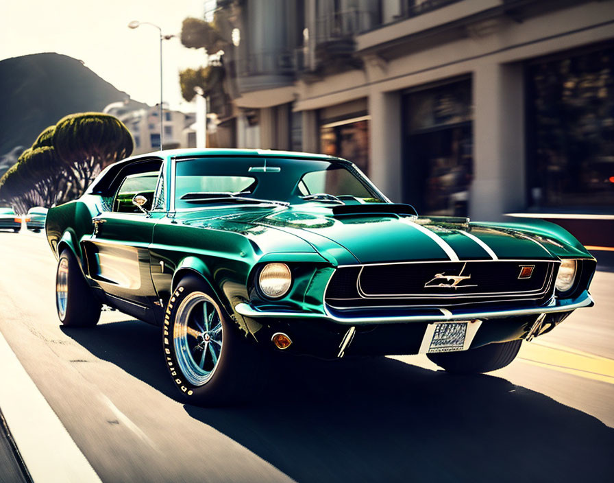 Vintage Green Ford Mustang Driving Past City Street with Palm Trees