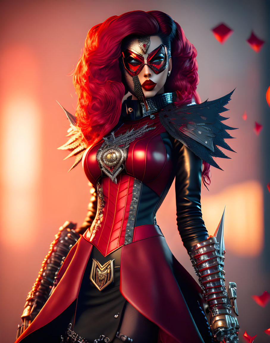 Female superhero with red hair in black and red costume with spikes and metallic accents