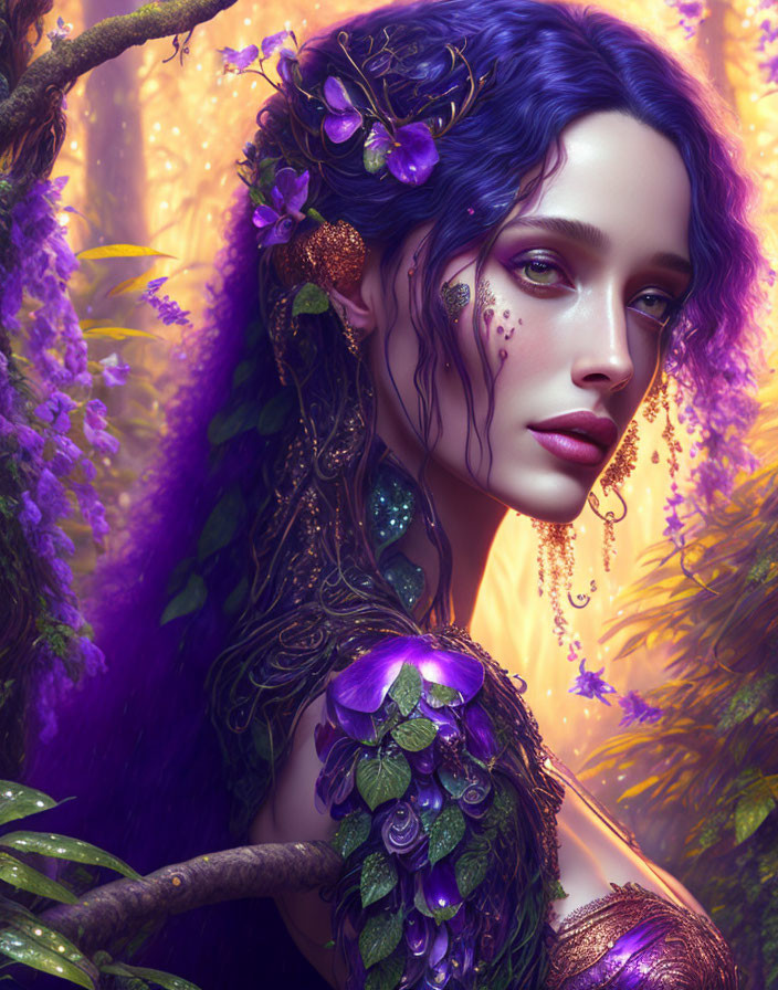 Fantasy-themed digital artwork of a woman with violet hair in enchanted forest