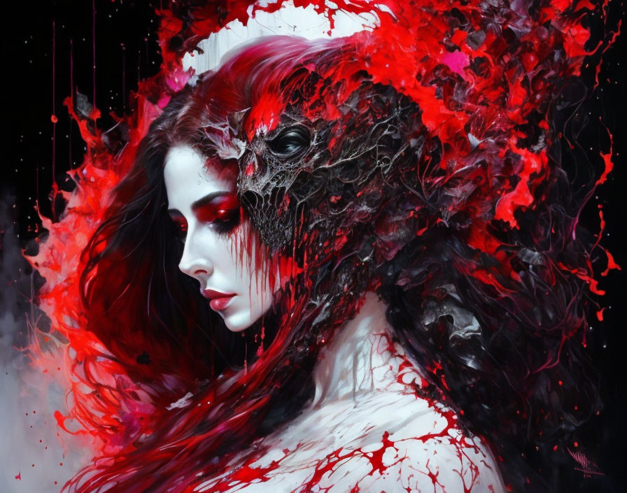 Porcelain-skinned woman with crimson hair in dark, abstract portrait