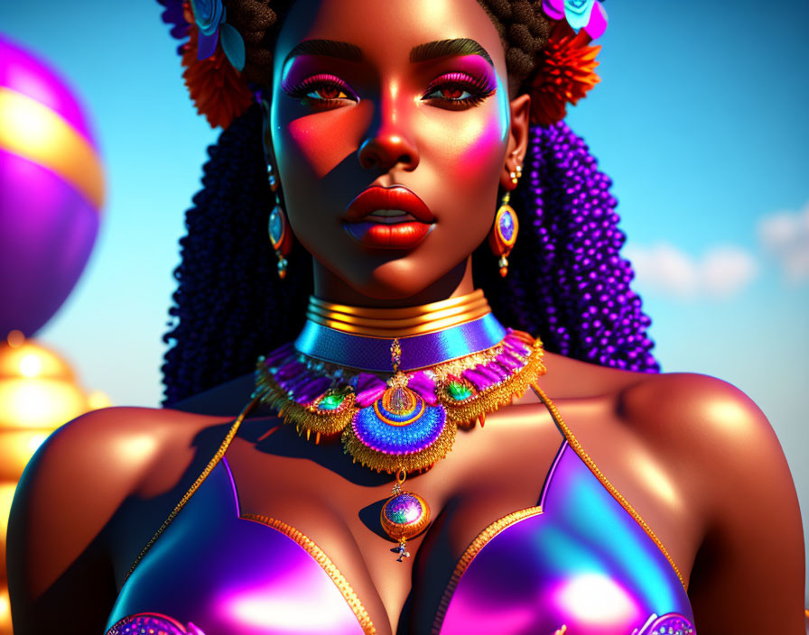 Colorful digital portrait of a woman with bold makeup and jewelry against a sky backdrop.