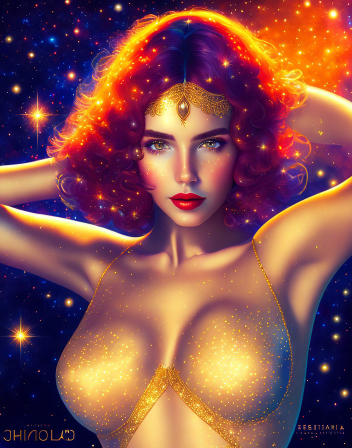 Fantasy Woman Digital Art with Fiery Hair and Golden Headpiece