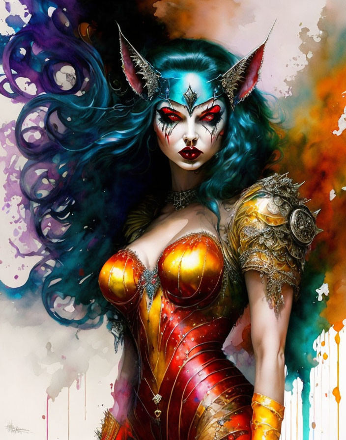 Colorful Artistic Female Character with Blue Hair and Fox-like Ears in Golden Armor