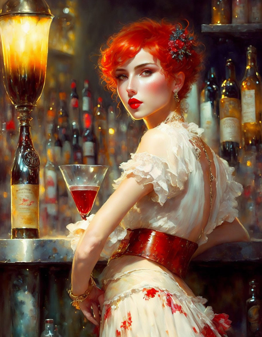 Red-haired woman in white dress at bar with martini glass and bottles.