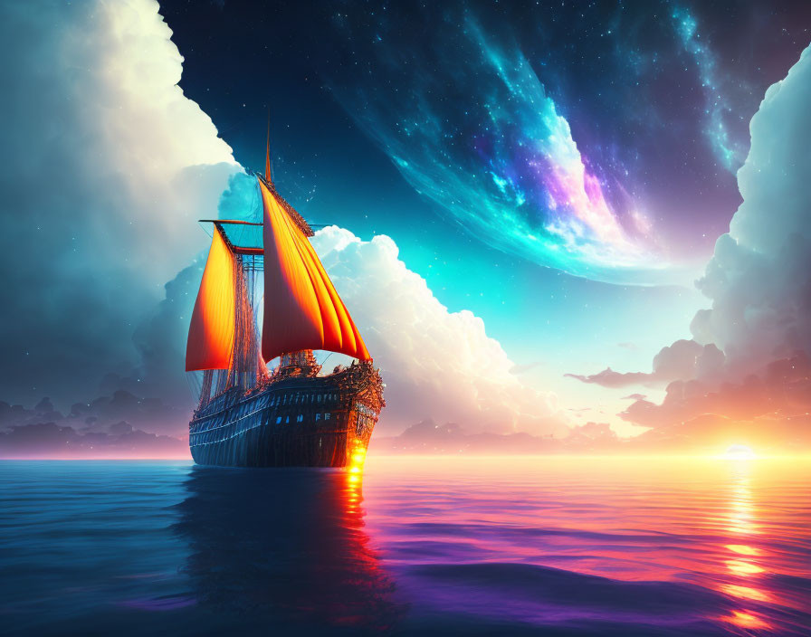 Sailboat sailing on purple sea under starry night sky