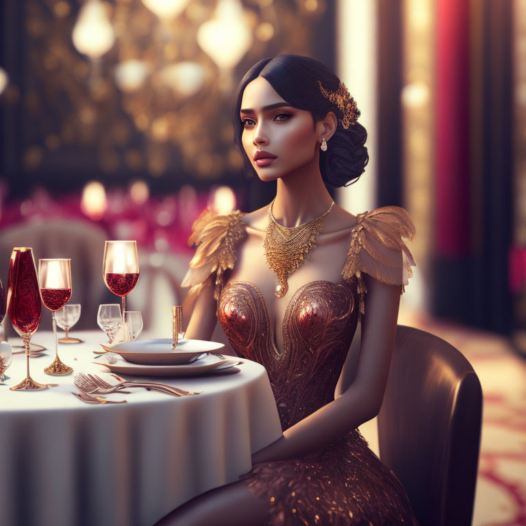 Sophisticated woman in elegant gown with gold accents at table with wine glasses