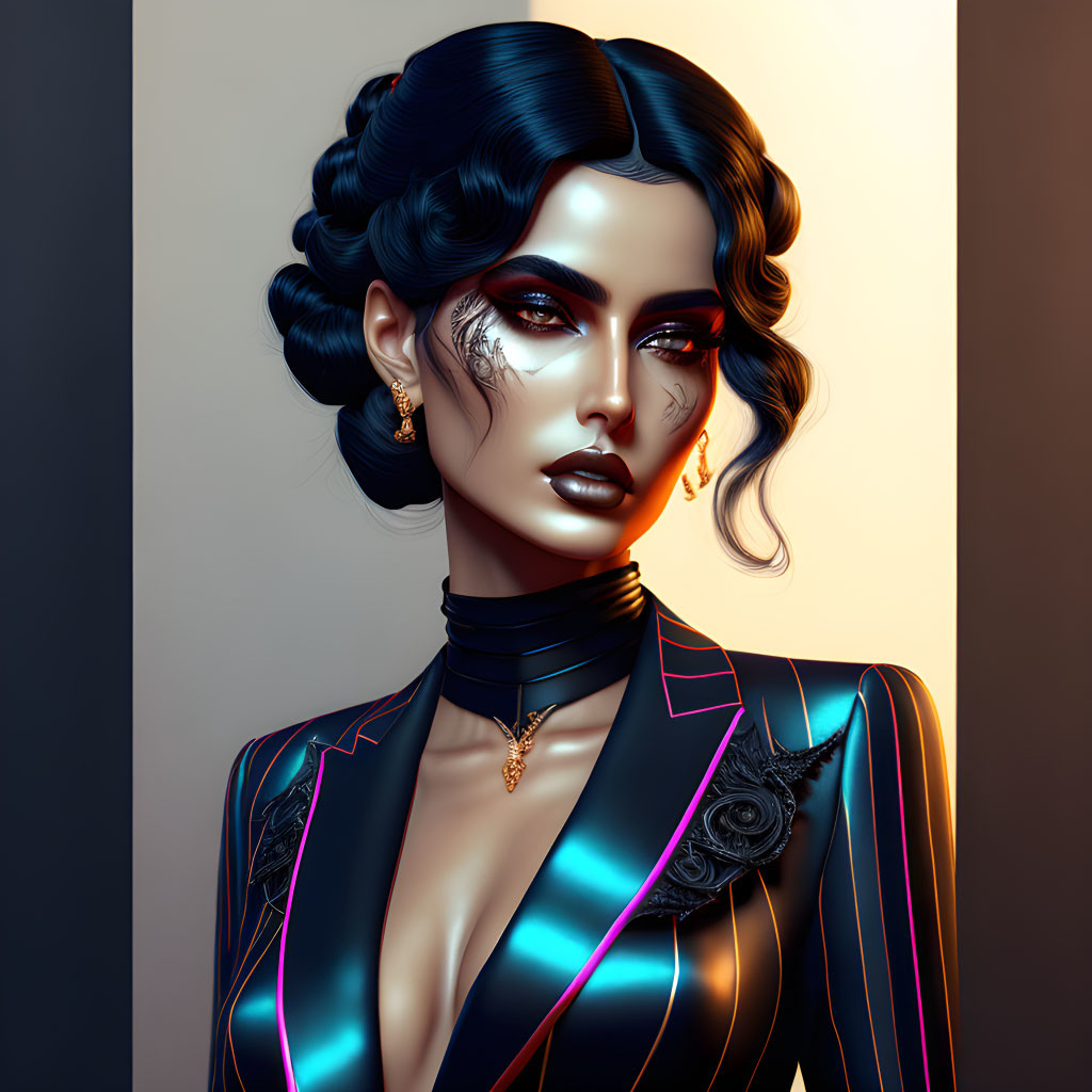 Vibrant digital art: woman with blue hair, bold makeup, and neon-accented suit