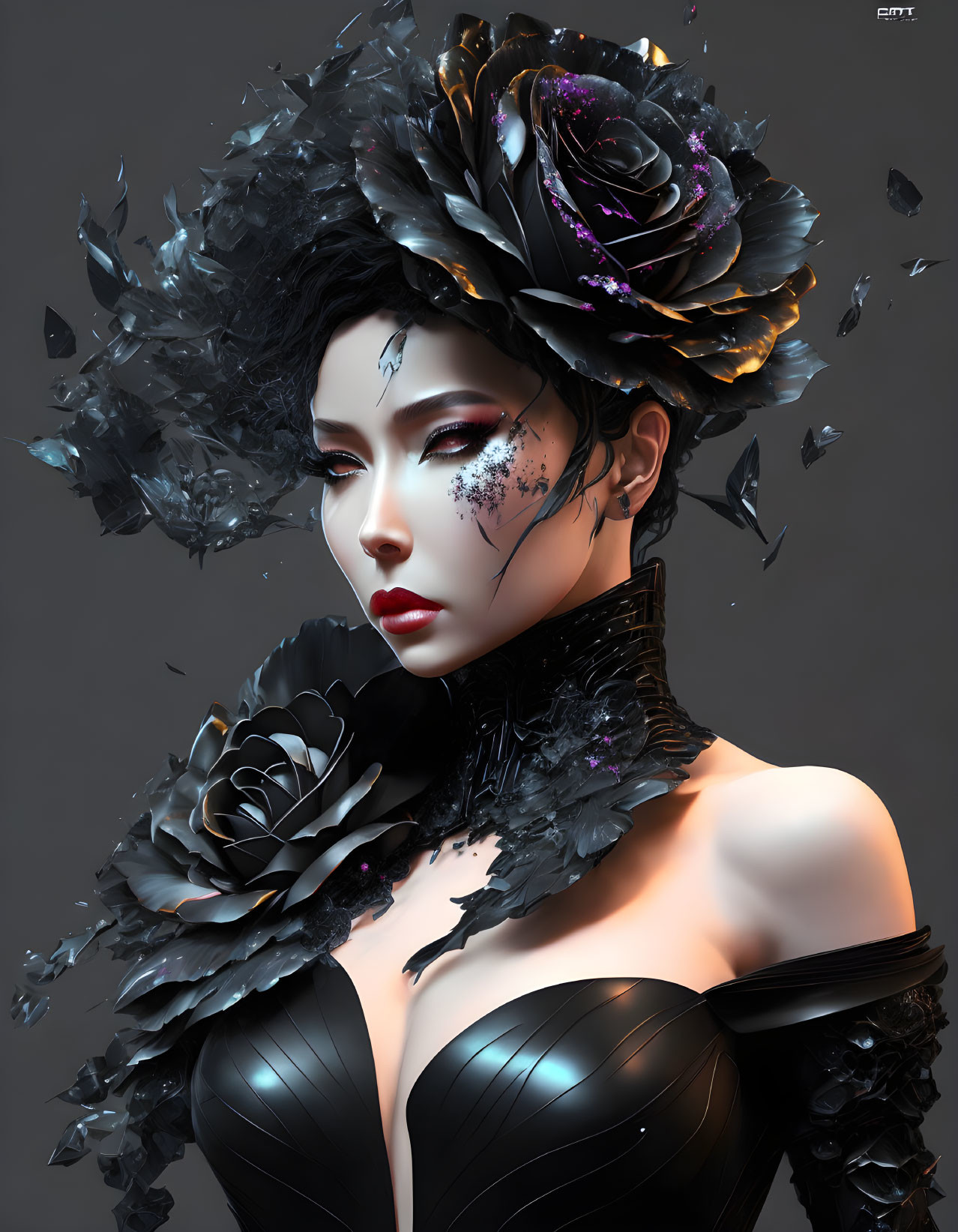 Digital artwork featuring woman with black floral headpiece, shards, dark makeup, and bodice