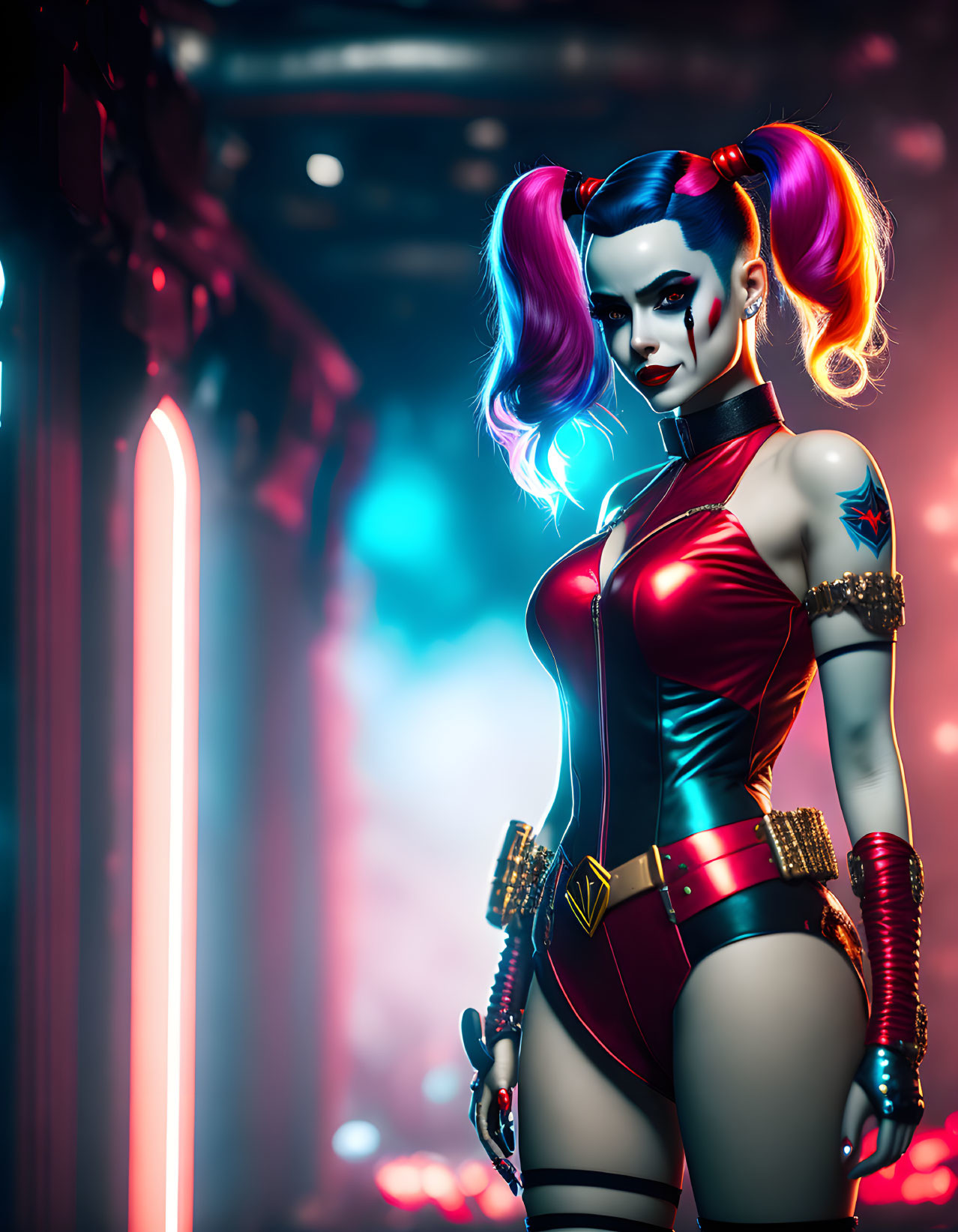 Digital artwork: Blue-skinned woman with dual-tone hair in futuristic outfit next to neon light