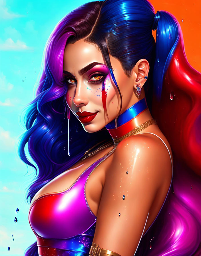 Vibrant illustration of woman with blue and purple hair and shiny purple top