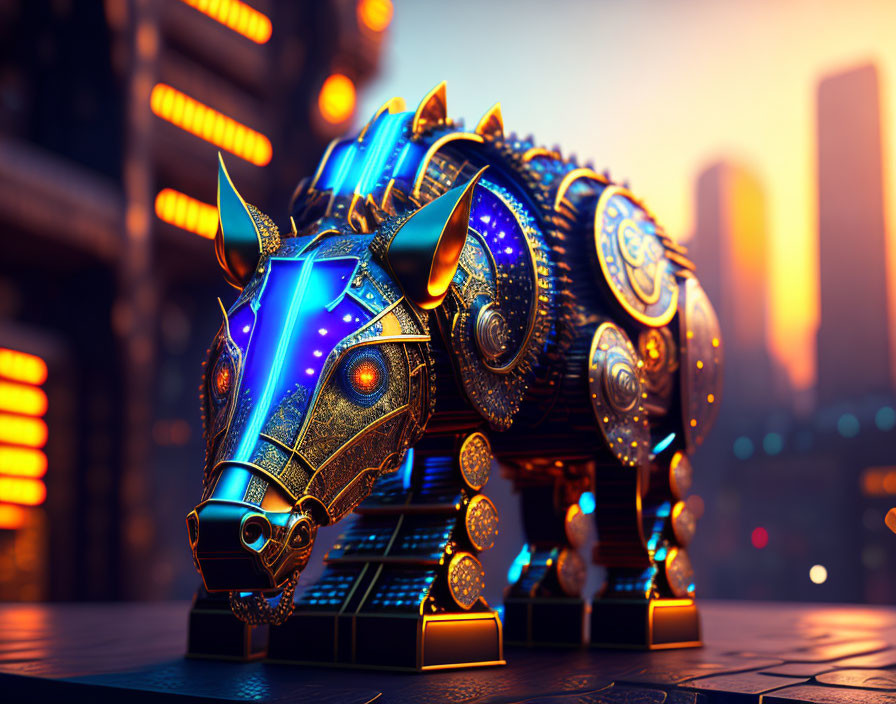 Intricate metallic bull sculpture with glowing blue accents in urban sunset setting