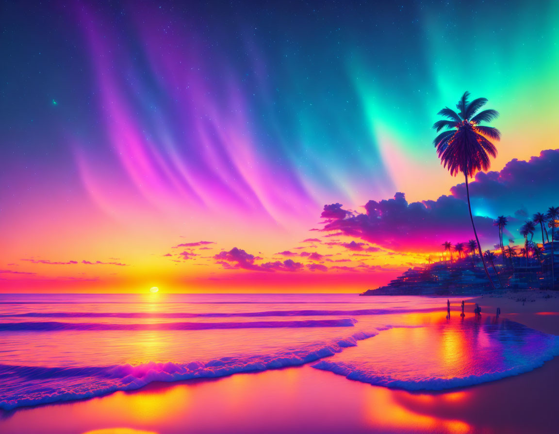 Colorful beach sunset with palm tree silhouette and Aurora Borealis in sky.