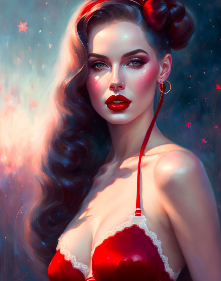 Dark-haired woman in red outfit with red lipstick, surrounded by soft light and stars.