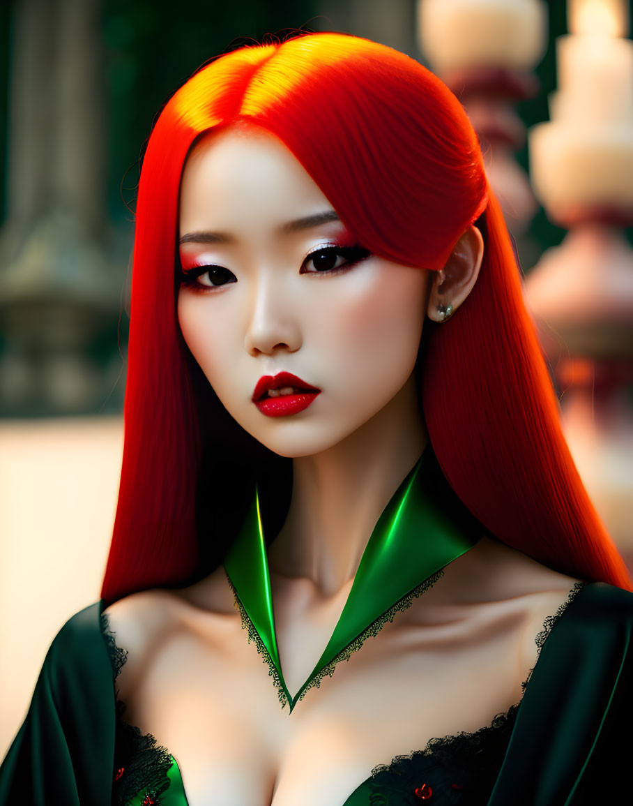 Vibrant red-haired woman in black outfit with green accents