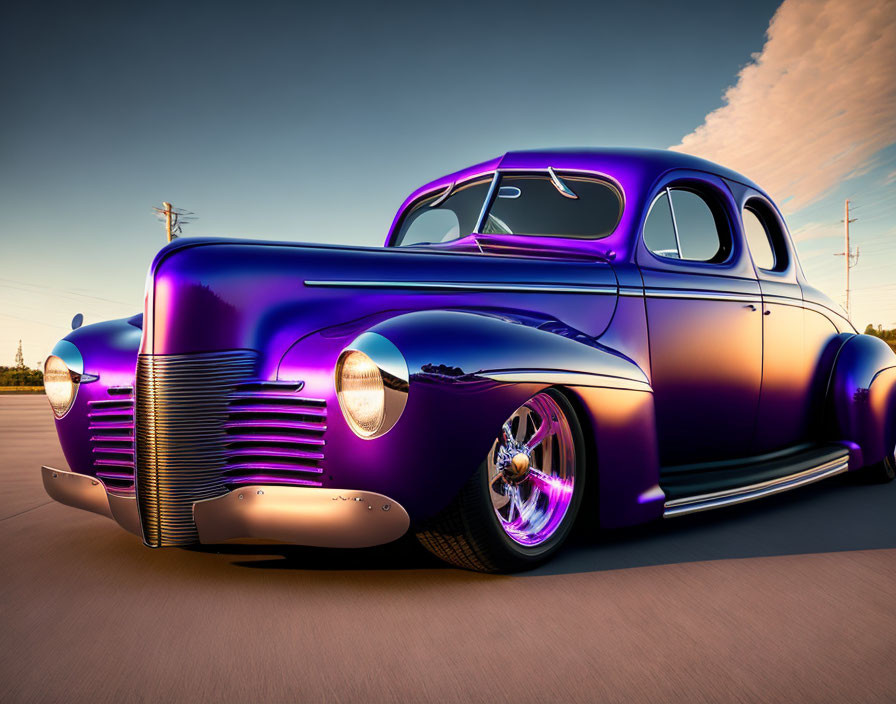 Purple Custom Car with Lowered Suspension and Chrome Rims on Asphalt at Dusk