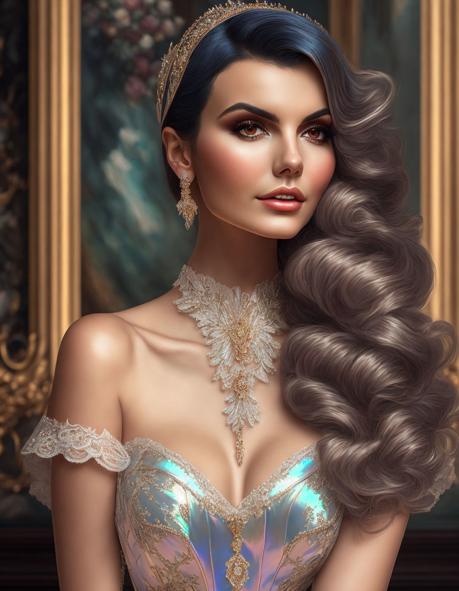 Detailed illustration of woman with wavy hair, blue dress, and intricate jewelry