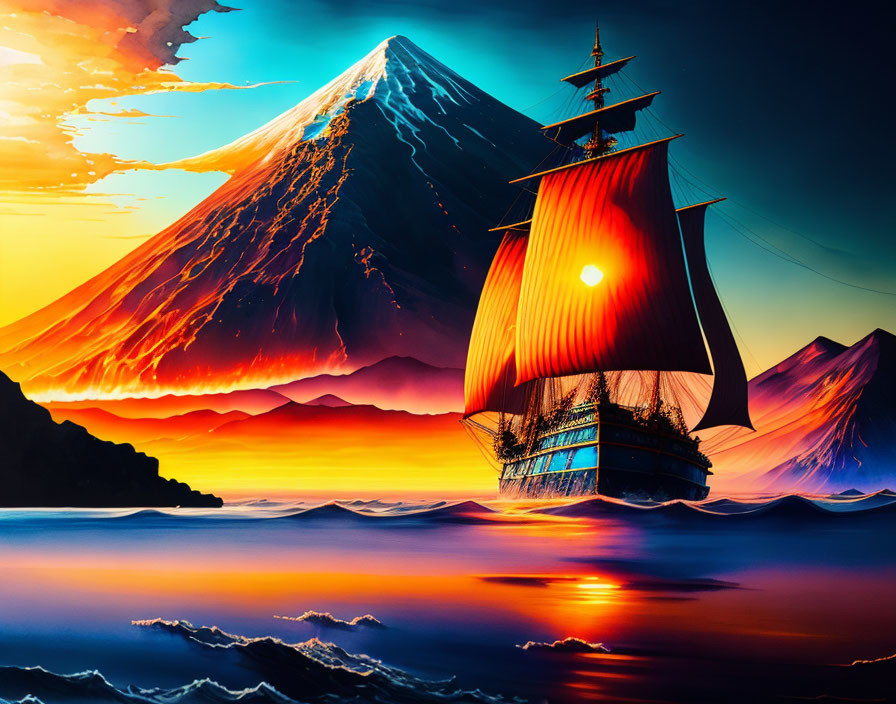 Sailing ship on sea with sunset behind mountain reflected in water