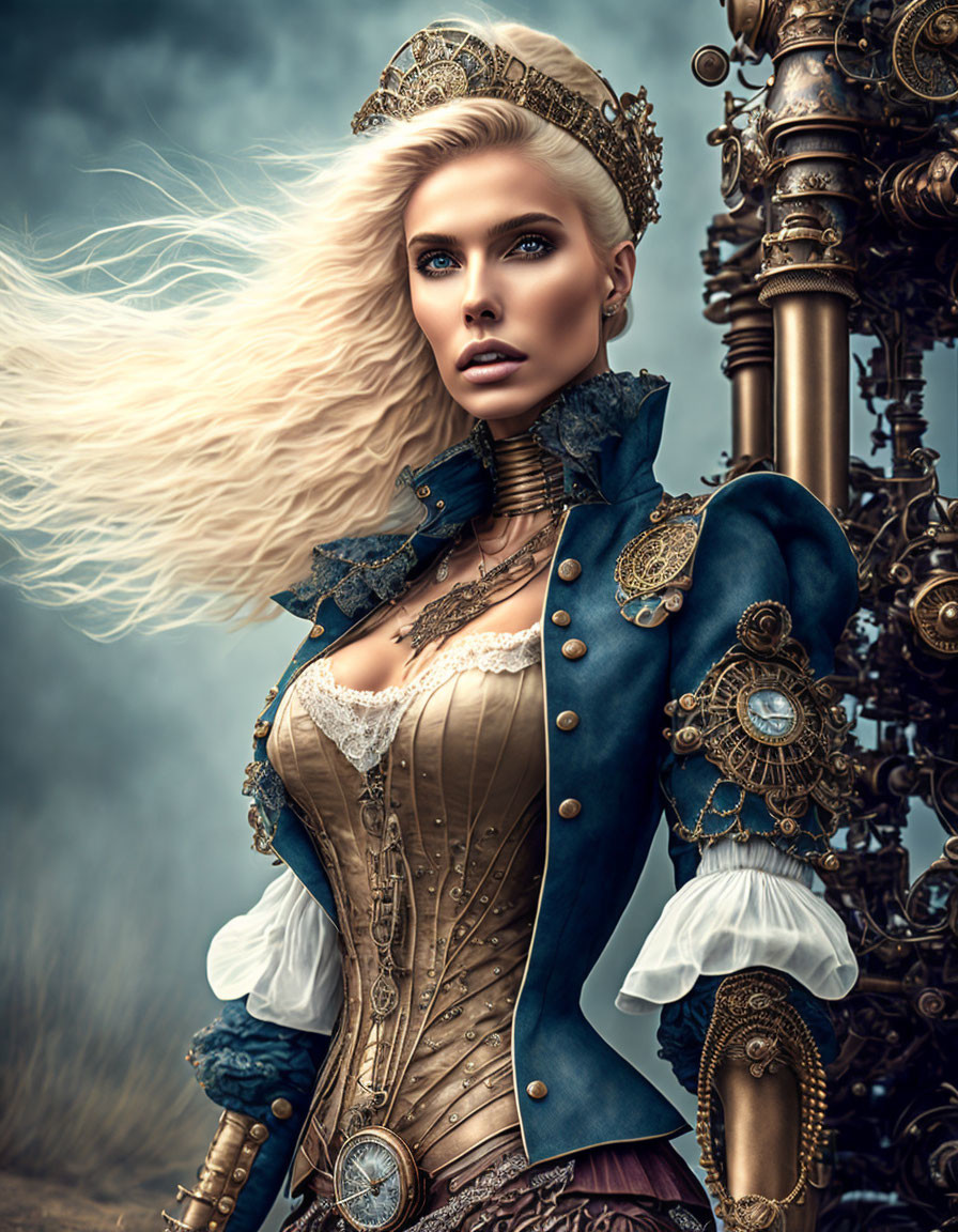 Blonde woman in steampunk attire with cogwheel accessories