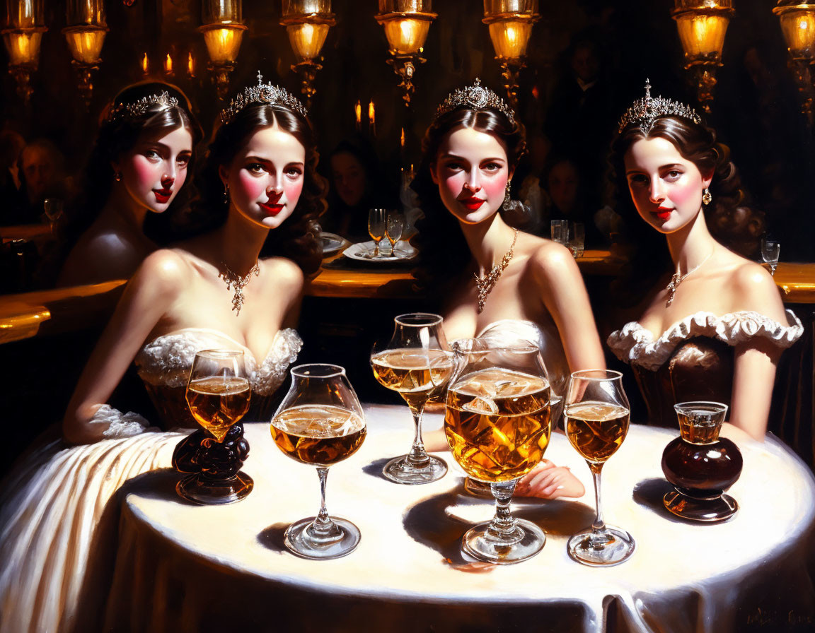 Four elegantly dressed women with tiaras at table with amber liquid