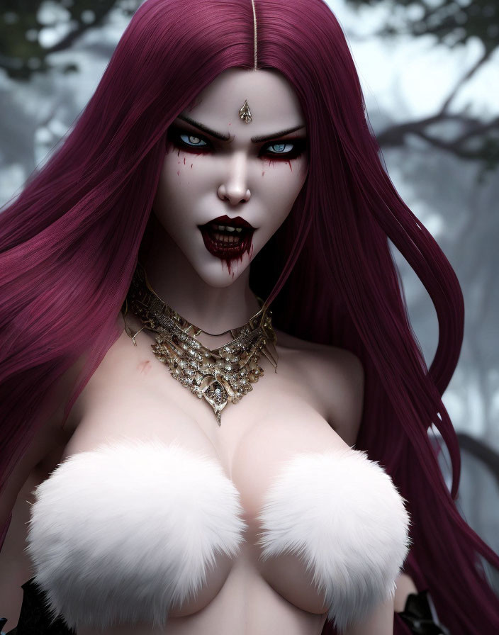 Stylized female figure with pink hair and vampiric features in misty backdrop