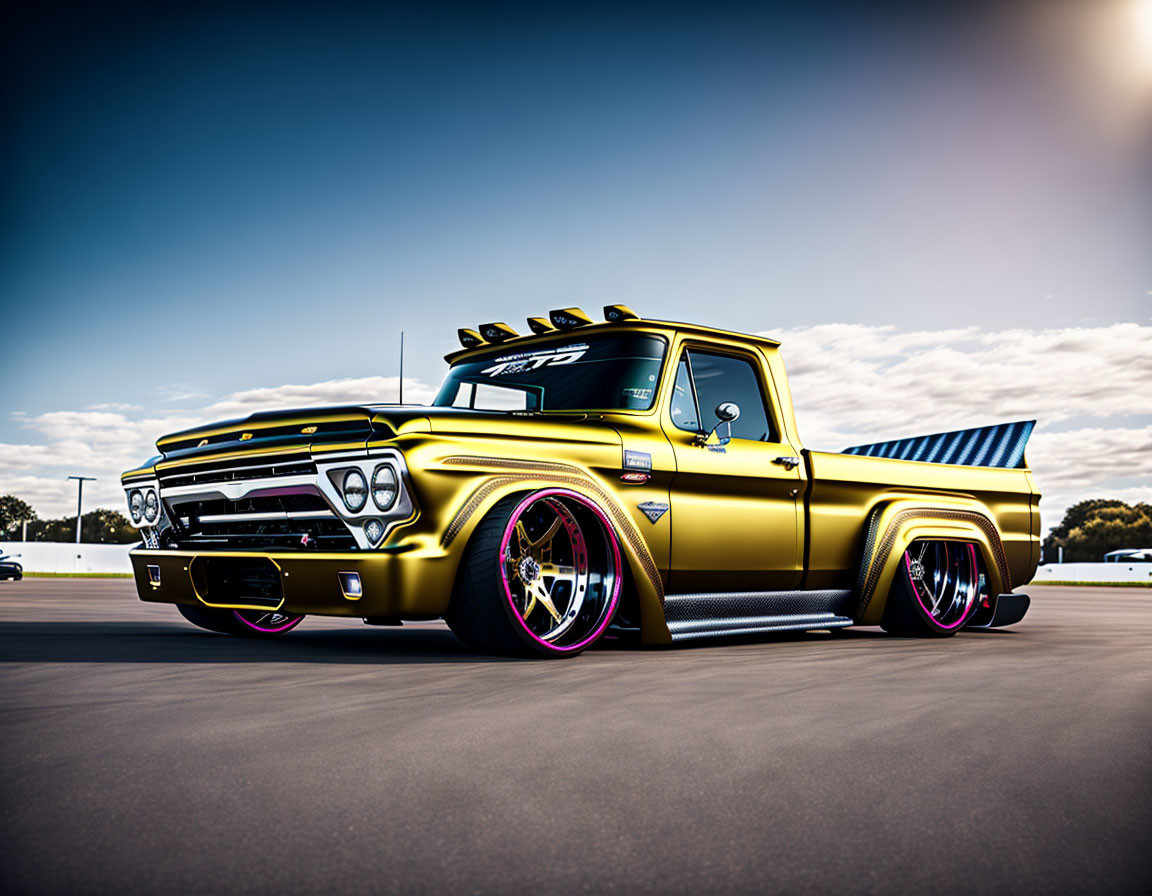 Vintage Yellow Pickup Truck with Custom Pink Wheels and Hood Scoop parked on Sunlit Tarmac