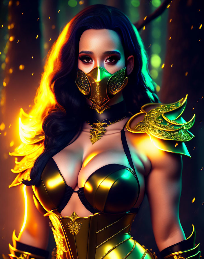 Digital art: Woman in golden armor and mask in forest setting