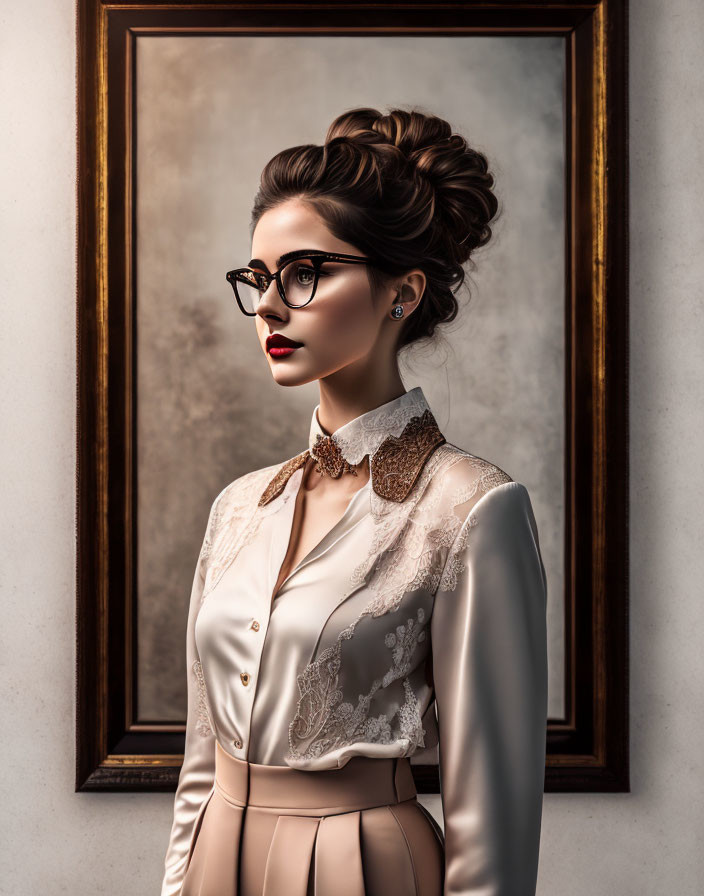 Stylized portrait of woman with elegant updo and glasses in high-waisted skirt