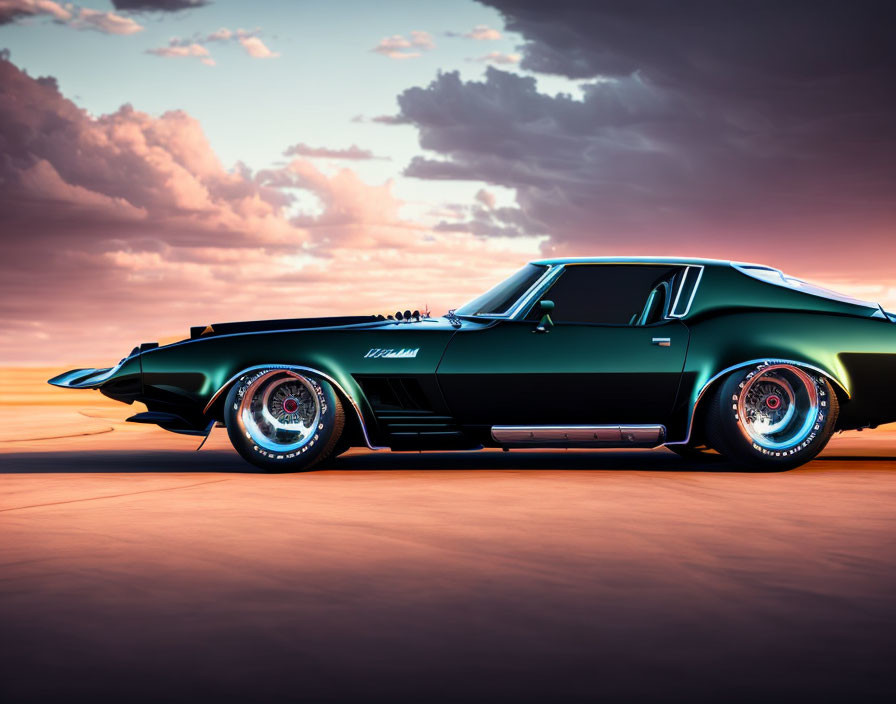 Classic Black Muscle Car Against Vibrant Sunset Sky