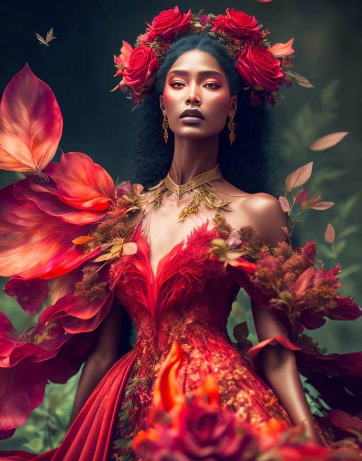 Woman in red floral dress with roses, surrounded by leaves and butterflies