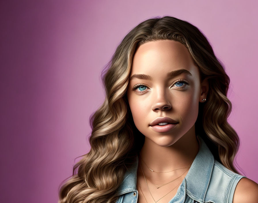 Digital artwork: Young woman with blue eyes, wavy hair, denim vest, purple background