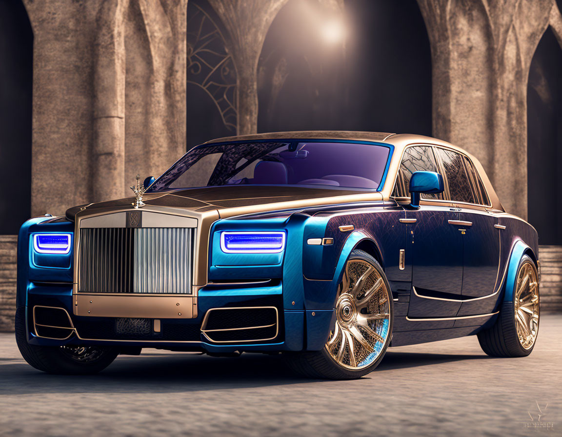 Luxurious Blue Rolls-Royce with Custom Gold Detailing in Elegant Archway