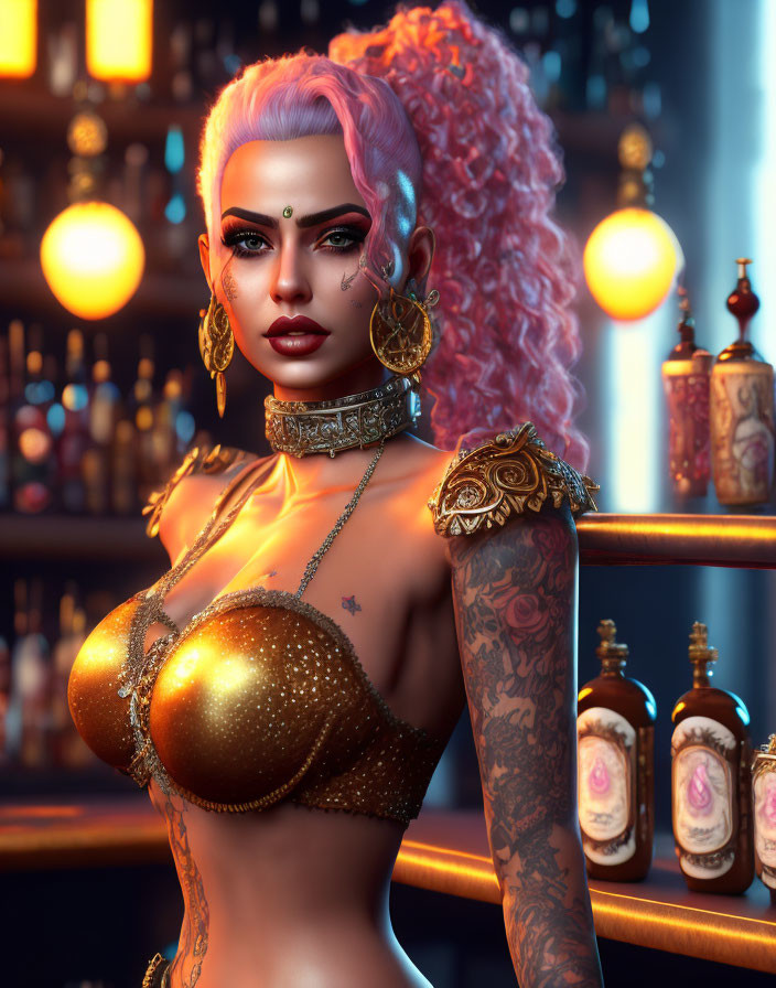 Vibrant pink hair woman with striking makeup in bar setting