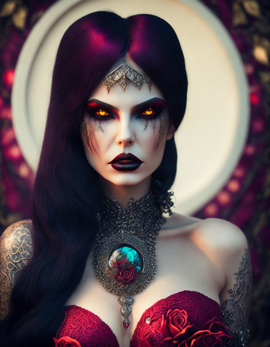 Stylized portrait of a woman with dark hair and striking makeup