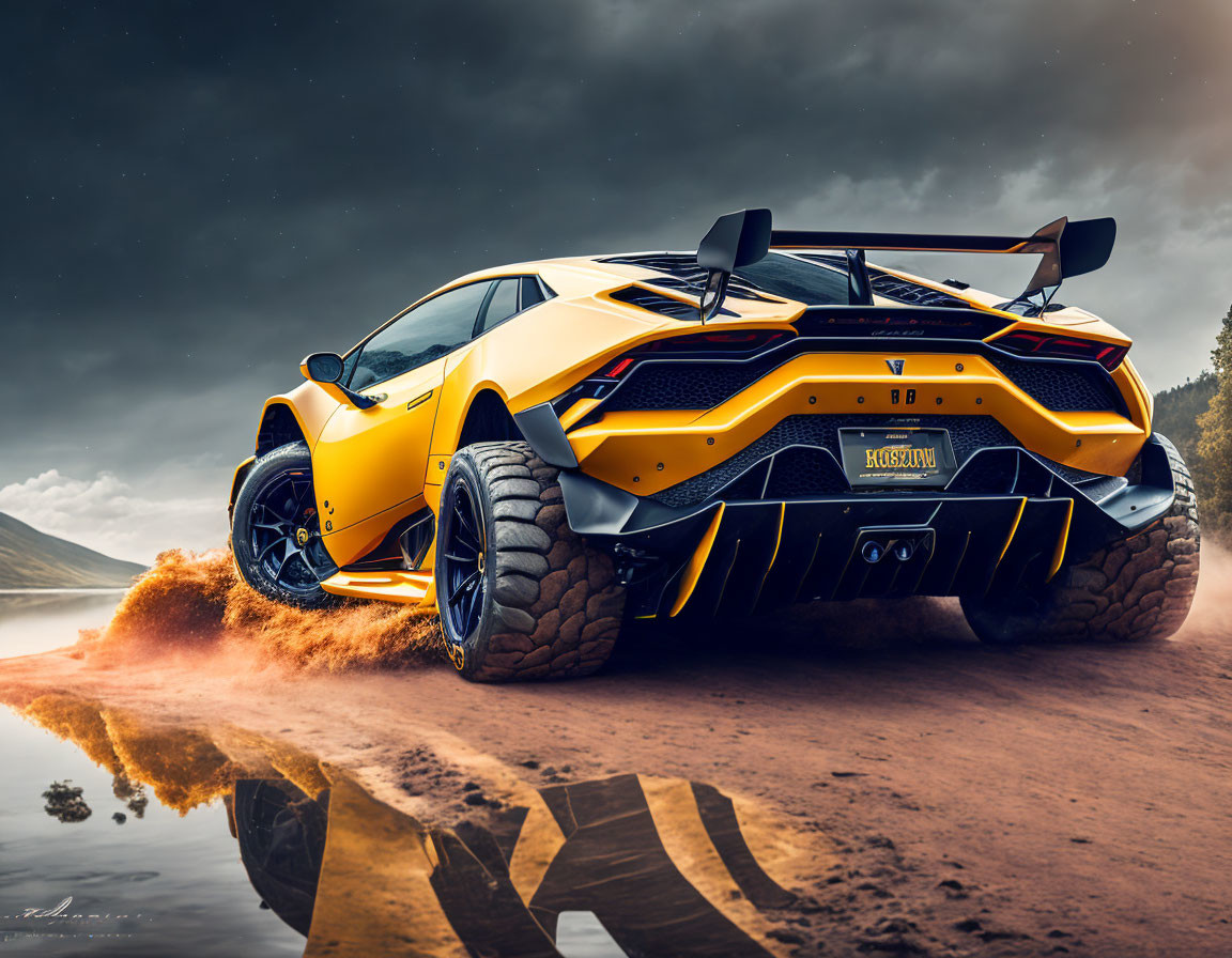 Yellow Lamborghini with black accents speeding on wet road against dramatic cloudy sky & mountainscape