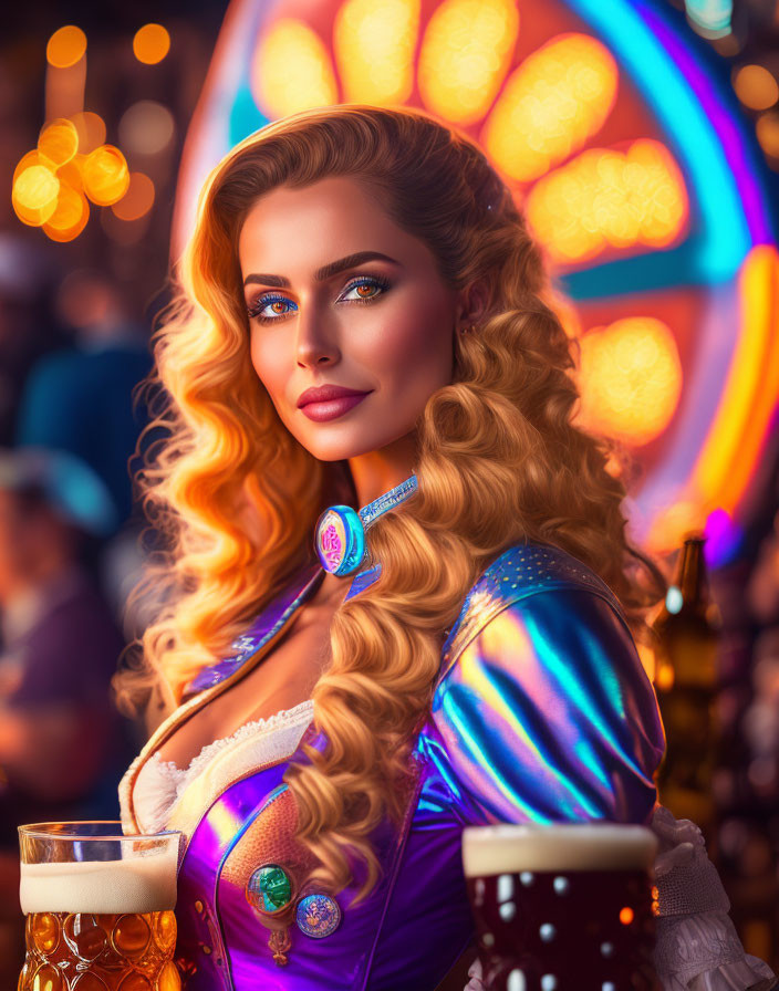 Blond woman in futuristic costume holding beer at fairground