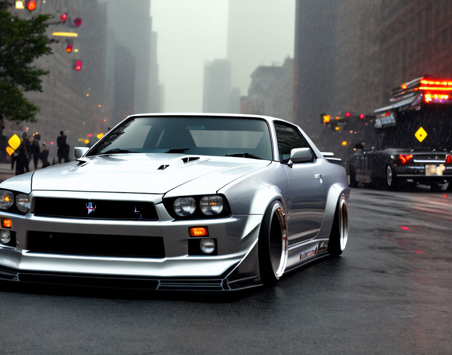 Silver sports car on wet city street with blurred lights & buildings