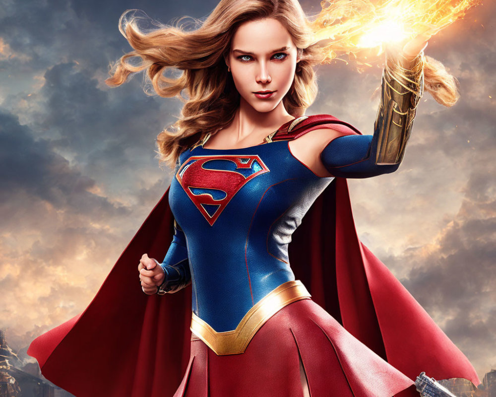 Female superhero in red cape shoots fire with 'S' emblem, billowing hair, dramatic sky.