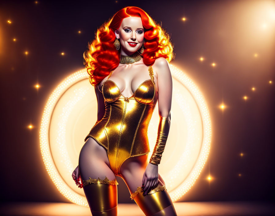 Stylized image of woman with red hair in gold bodysuit against glowing circle backdrop