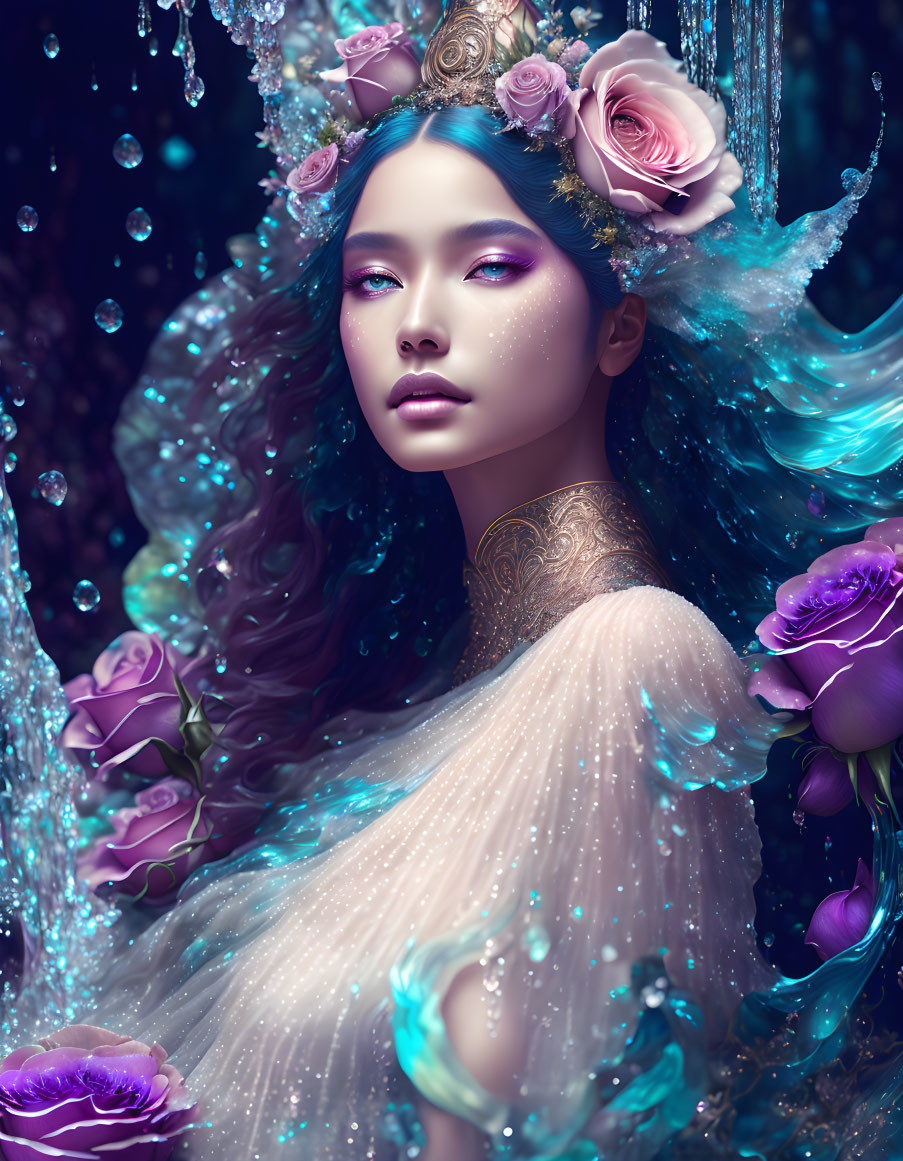 Portrait of woman with aqua hair, roses, bubbles in underwater scene