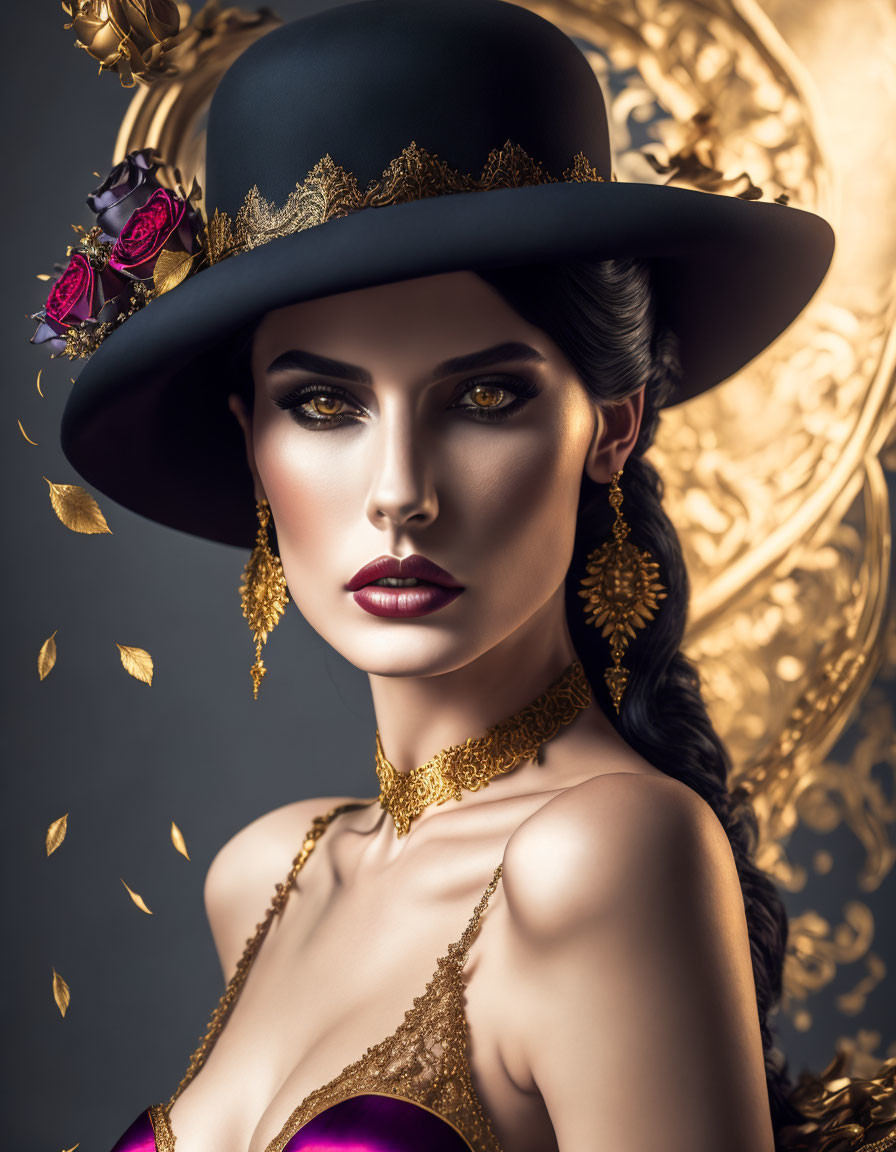 Woman with dramatic makeup and dark hair in wide-brimmed hat and gold jewelry against ornate backdrop