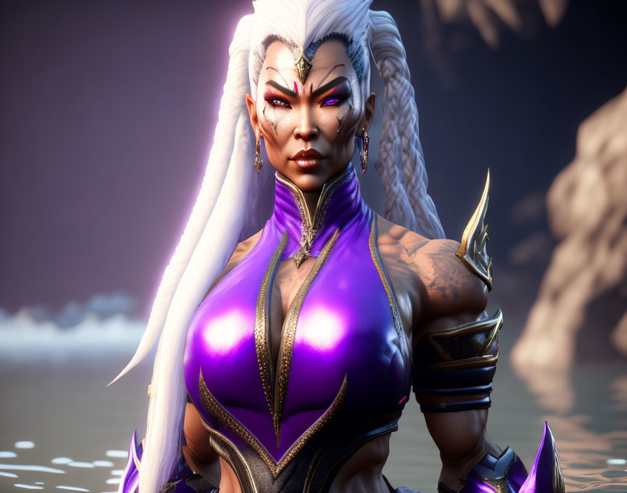 Digital female warrior with white hair, golden armor, and tribal tattoos in dusky sky.