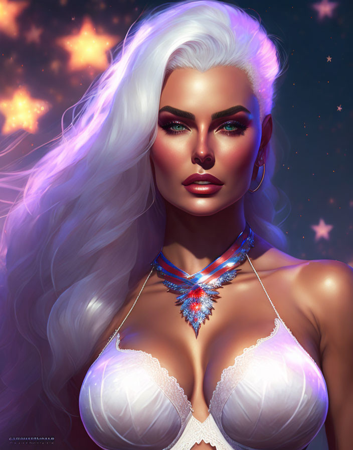 Digital illustration: Woman with white hair, green eyes, celestial theme, white top, star necklace