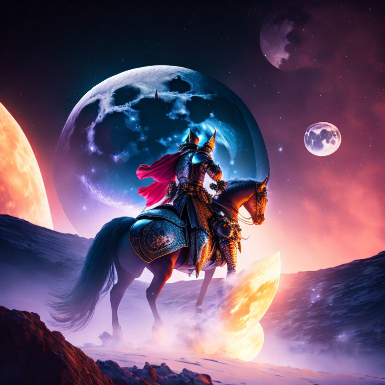 Knight in ornate armor on horse under dramatic sky with moon and planets.