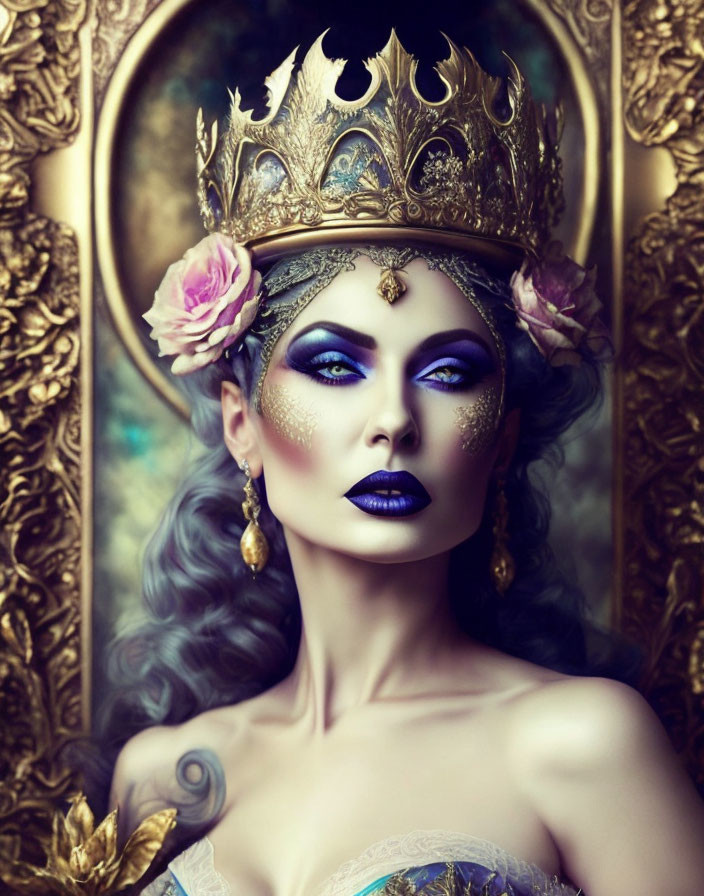 Regal woman with golden crown and blue makeup in ornate golden frame