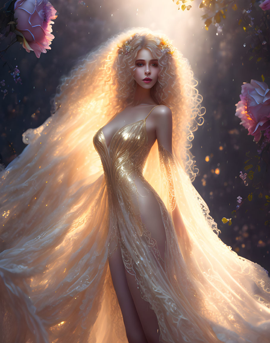 Blonde woman in golden dress among pink flowers under soft light