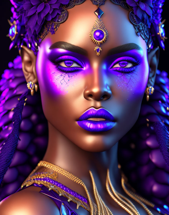 Digital portrait of woman in purple hues with golden jewelry & headpiece, evoking mystical fantasy vibe